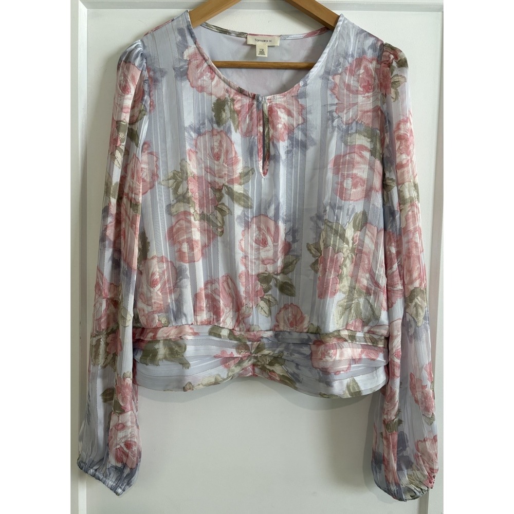 Tamara H Satin Stripe Shirred Band Blouse Large Pink Floral Crop Twist Chiffon L
